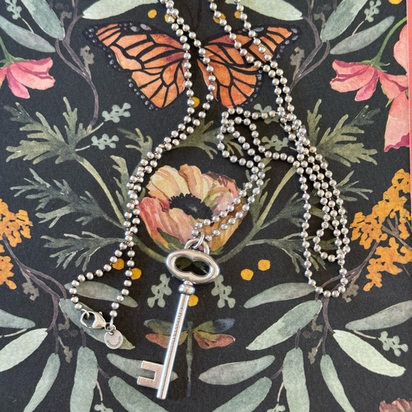 Retired Tiffany & Co 925 Oval Skeleton Key Pendant on 18” Beaded Chain, Sterling